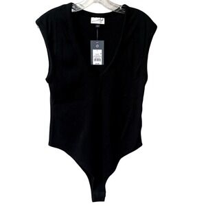 Universal Thread V Neck Sleeveless Ribbed Bodysuit Women Large Black Stretch NWT